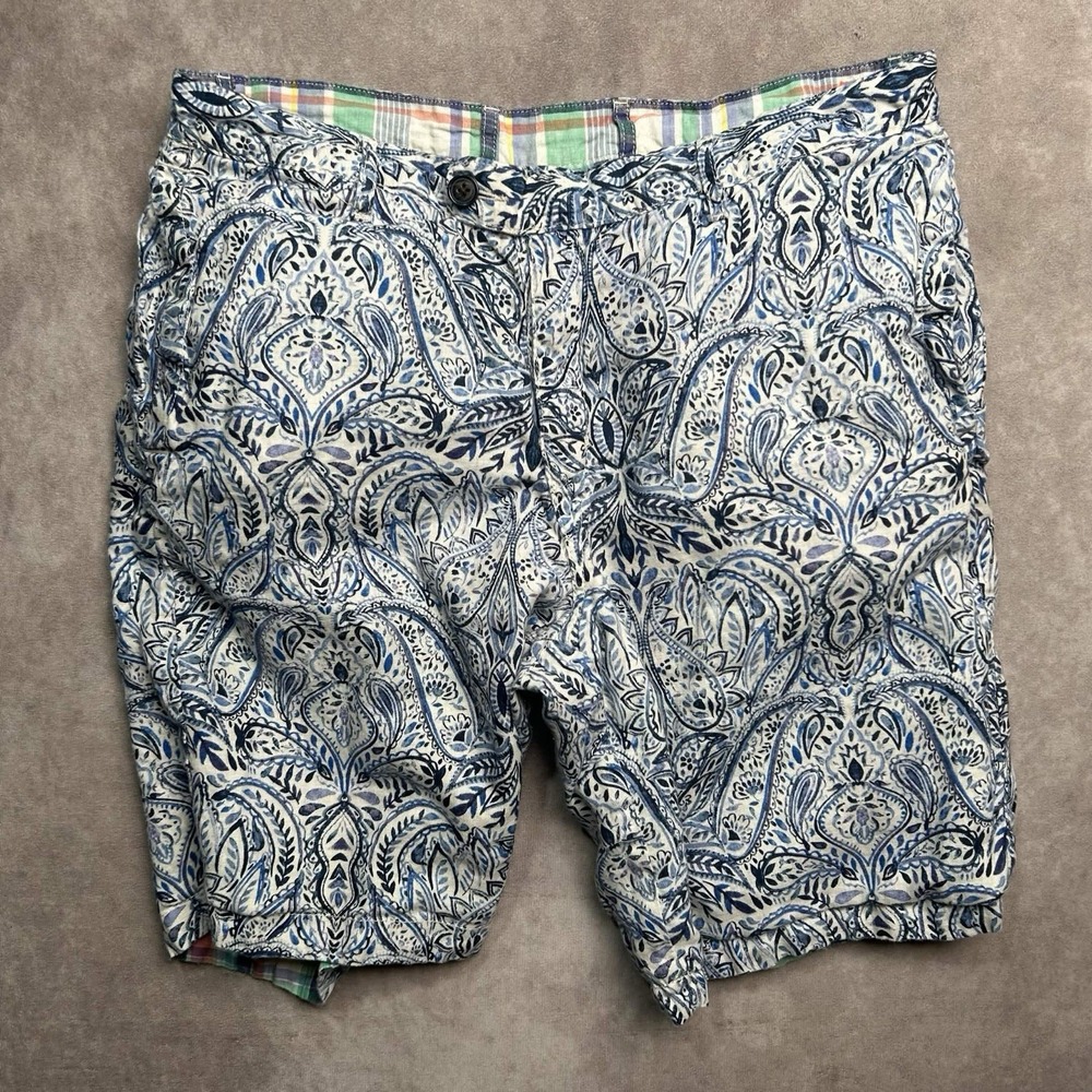 Tommy Bahama Reversible Hawaiian Linen Shorts Mens Size 34 Paisley Blue Plaid